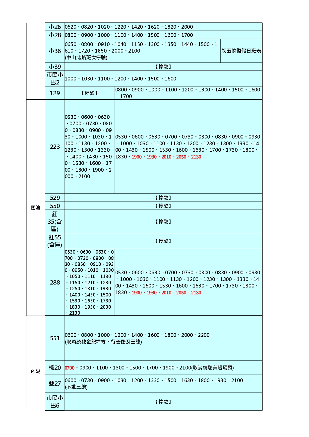 小9-台灣好行北投竹子湖線-115年春節核定班表